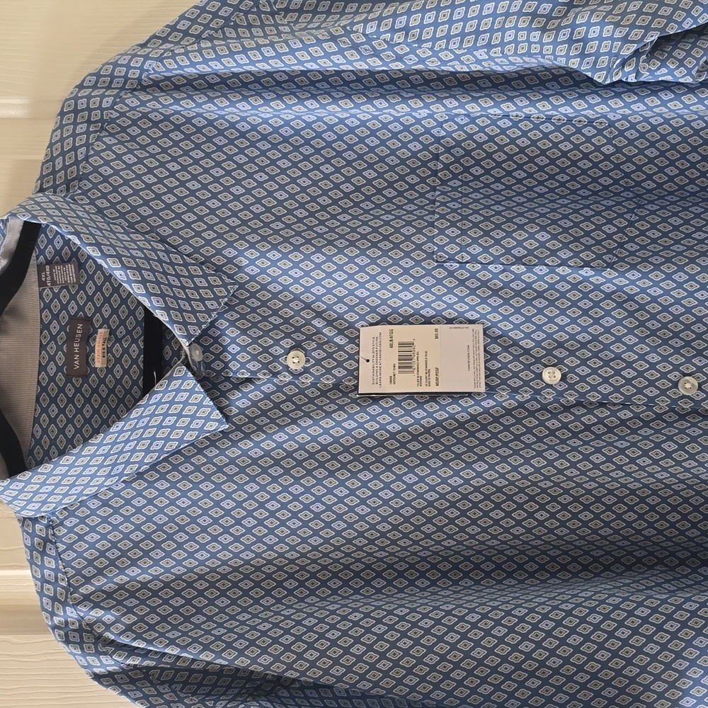 VAN HEUSEN BRAND MENS BIG & TALL WHITE & BLUE GEO SHORT SLEEVES BUTTON SHIRT 4XL